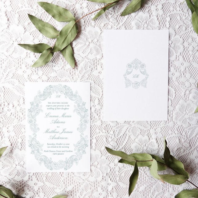Convite Sofisticado Casamento Clássico Azul Regência Scrip (dusty blue and white victorian rococo wedding invitation with botanical crest & floral illustrations)