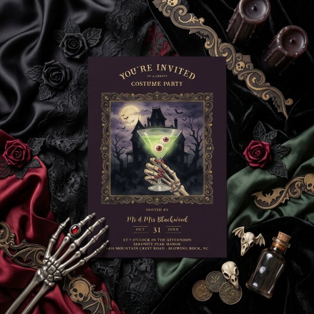 Convite Sofisticado Cocktail Halloween Gótico TMF26 (Elegant Funny and Sophisticated Halloween Gothic Cocktail for Costume Party Invitation Cards. )