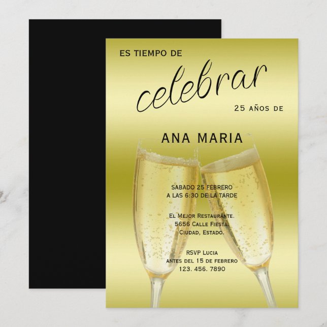 Convite Sofisticado Cumpleaños Femenino Español en Oro (Frente/Verso)