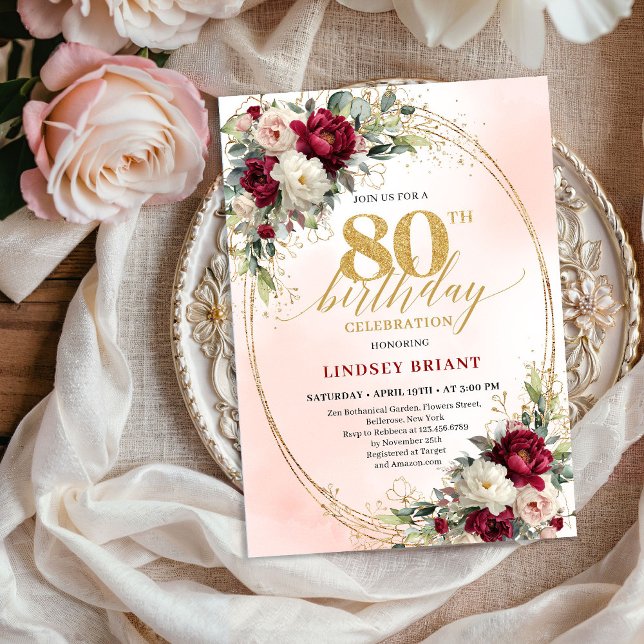 Convite Sofisticado Floral Burgundy Dourado Aniversário de (Sophisticated Burgundy Floral Gold 80th Birthday Invite)