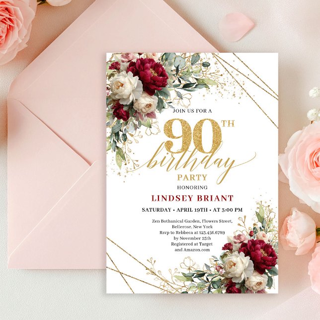 Convite Sofisticado Floral Burgundy Dourado Aniversário de (Sophisticated Burgundy Floral Gold 90th Birthday Invite)