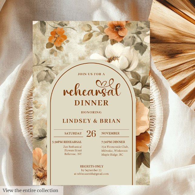 Convite Sofisticado Floral de Ensaios em Cobre e Marfim Sa (Sophisticated Copper Ivory Sage Floral Rehearsal Invitation)