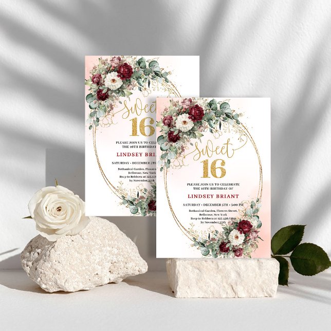 Convite Sofisticado Marrom Boêmio Floral Dourado Sweet 16 (Sophisticated Bohemian Maroon Floral Gold Sweet 16)