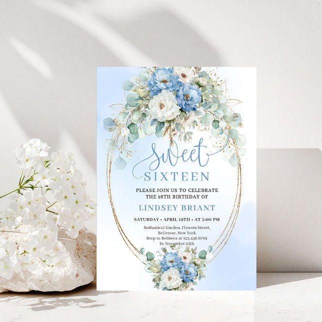 Convite Sofisticado Peônia Azul Empoeirado Doce 16 Anivers (Sophisticated Dusty Blue Peony Sweet 16 Birthday Invite)
