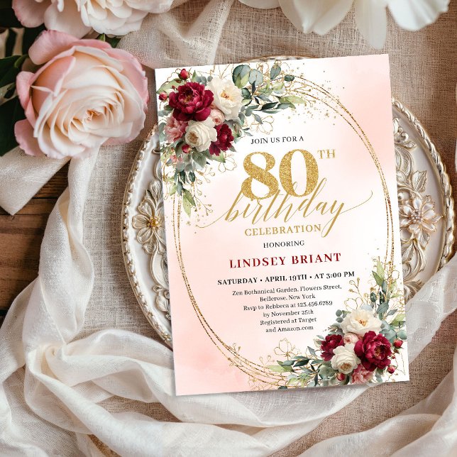 Convite Sofisticado Quadro Floral Borgonha para 80º Aniver (Sophisticated Burgundy Floral Frame 80th Birthday Invite)