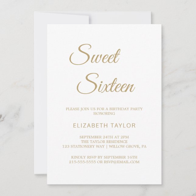 Convite Sofisticado Sweet Sixteen em Caligrafia Dourada (Frente)