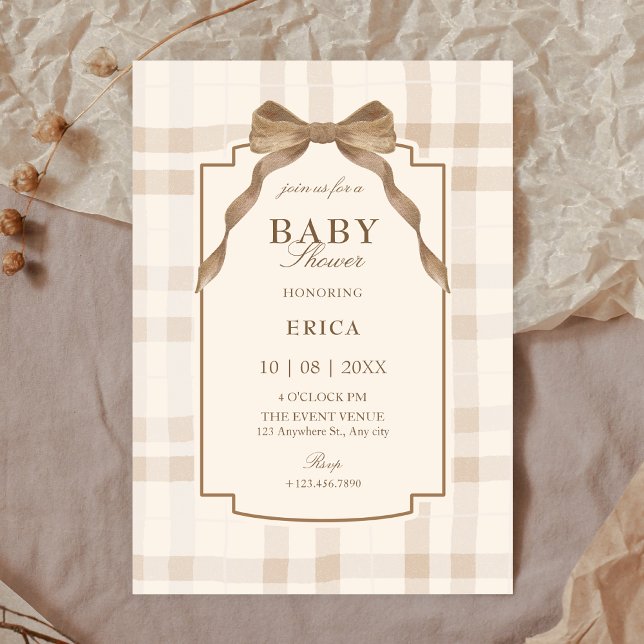 Convite Soft beige brown bow tartan plaid baby shower (Criador carregado)