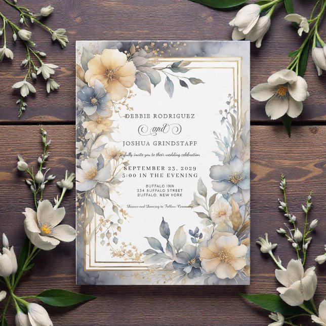 Convite Soft Beige & Gray Floral Frame Wedding Invitation  (Criador carregado)