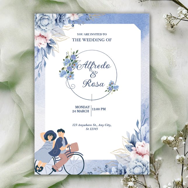 Convite Soft Blue and White Floral Illustrative Wedding  (Criador carregado)