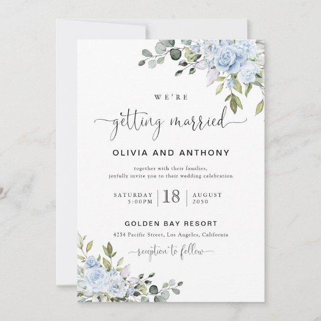 Convite Soft Blue Botanical Wedding Invitation (Frente)