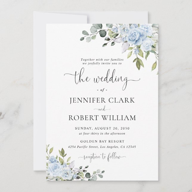 Convite Soft Blue Botanical Wedding Invitation (Frente)