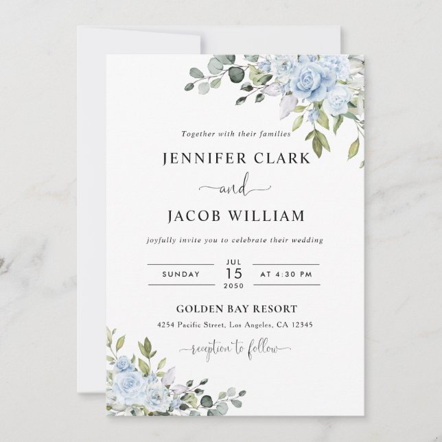 Convite Soft Blue Botanical Wedding Invitation (Frente)