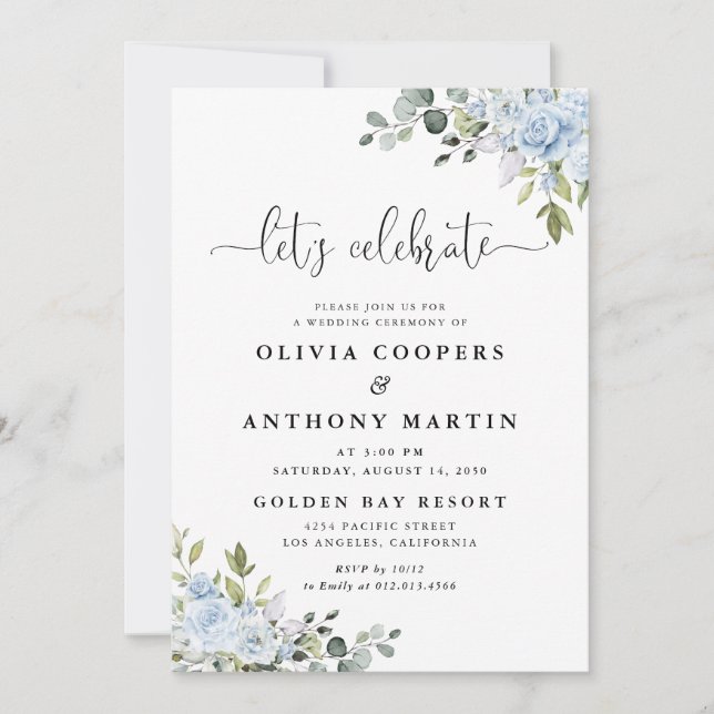 Convite Soft Blue Botanical Wedding Invitation (Frente)