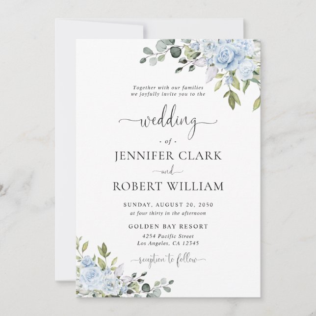 Convite Soft Blue Botanical Wedding Invitation (Frente)