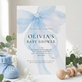 Convite Soft Blue Bow Text Overlay Baby Shower
