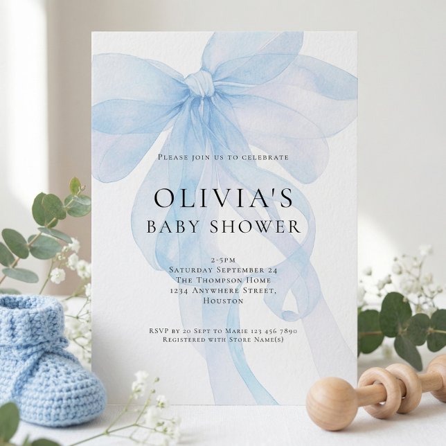 Convite Soft Blue Bow Text Overlay Baby Shower (Criador carregado)