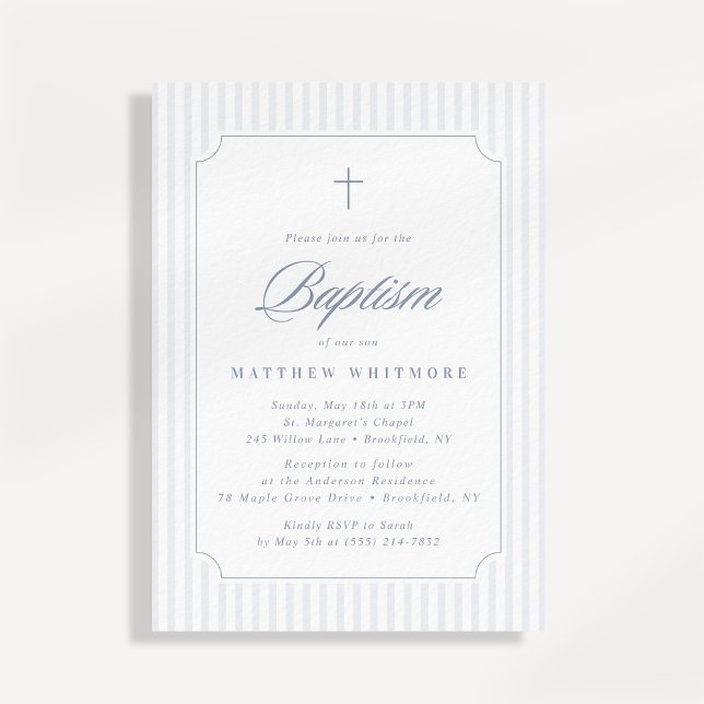 Convite Soft Blue-Gray Striped Baptism Invitation (Criador carregado)