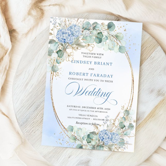 Convite Soft Blue Hydrangea Wheat Gold Elegant Wedding  (Soft Blue Hydrangea Wheat Gold Elegant Wedding Invite)
