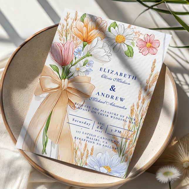 Convite Soft Blue Ribbon Floral Wedding (Criador carregado)