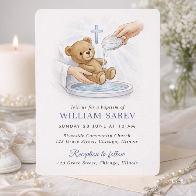 Convite Soft Blue Teddy Bear Baptism  (Criador carregado)