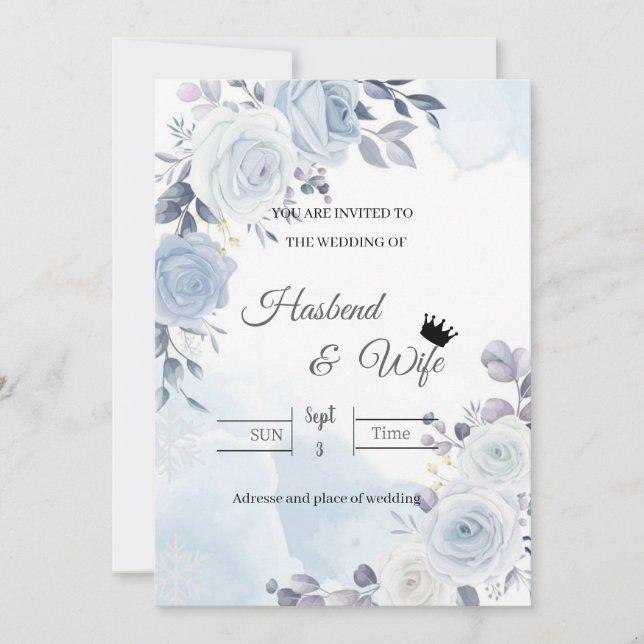 Convite Soft Blue Watercolor Floral Wedding Invitation (Frente)