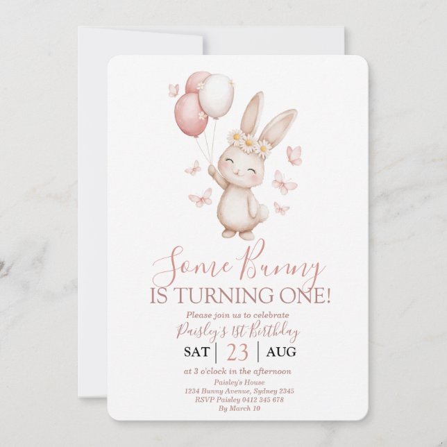 Convite Soft Blush Bunny First Birthday (Frente)