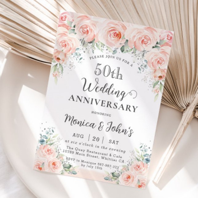 Convite Soft Blush Floral Roses 50th Wedding Anniversary (Criador carregado)