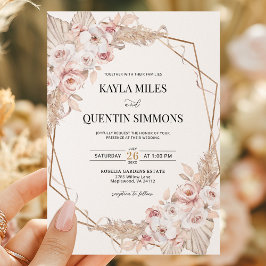 Convite Soft Blush Pampas Grass Boho Gold Geometric Frame 