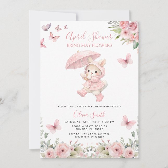 Convite Soft Blush Pink Floral April Baby Shower  (Frente)