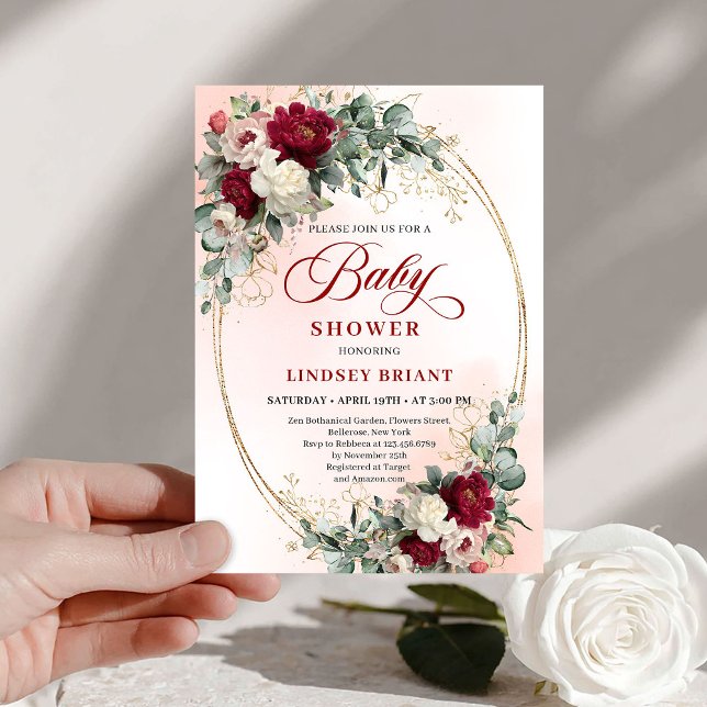 Convite Soft Bohemian Burgundy Greenery Baby Shower Invite (Soft Bohemian Burgundy Greenery Baby Shower Invitation)