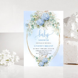 Convite Soft Boho Blue Floral Baby Shower Gold Invitation