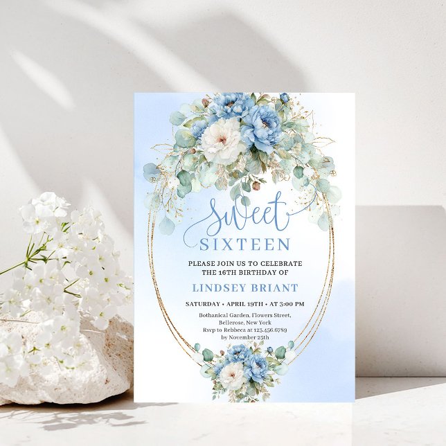 Convite Soft Boho Dusty Blue Floral Gold Sweet 16 Birthday (Soft Dusty Blue Floral Gold Sweet 16 Birthday Party Invite)