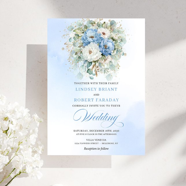 Convite Soft Boho Dusty Blue White Peony Greenery Wedding (Soft Boho Dusty Blue White Peony Greenery Wedding)