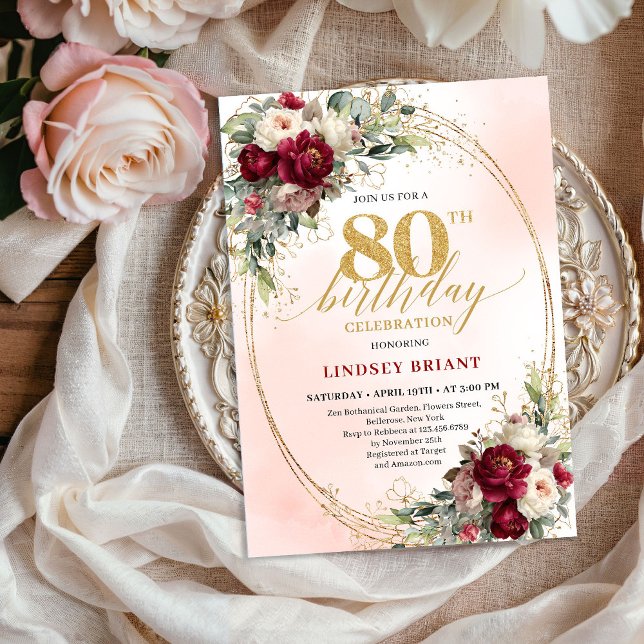 Convite Soft Burgundy Bohemian Floral 80th Birthday Invite (Soft Burgundy Bohemian Floral 80th Birthday Invitation)