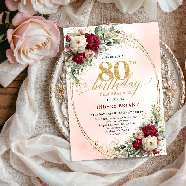 Convite Soft Burgundy Floral Gold 80th Birthday Invitation (Soft Burgundy Floral Gold 80th Birthday Invitation)