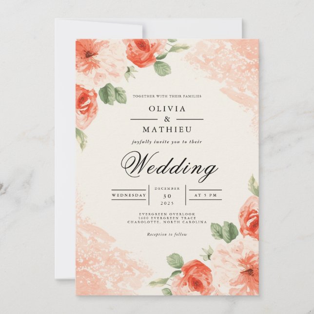 Convite Soft Coral Floral Accent Wedding (Frente)