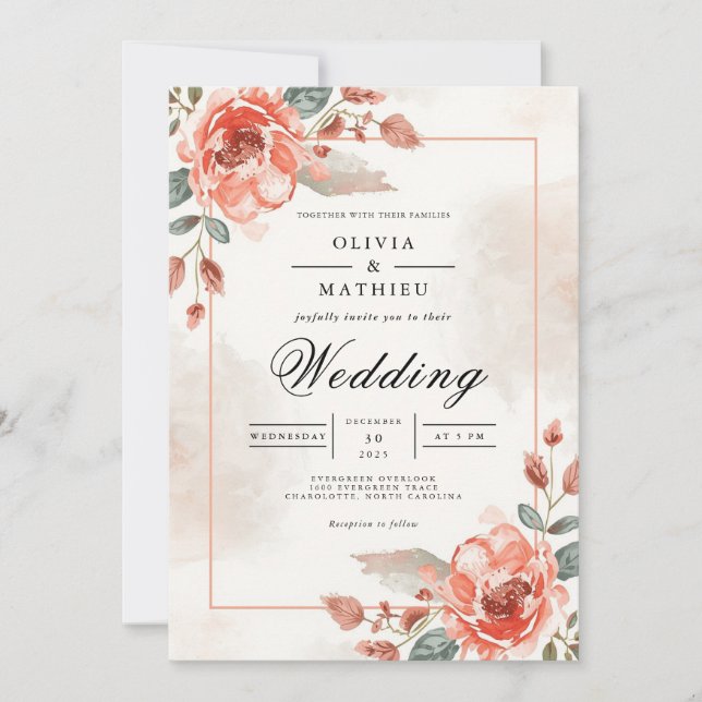 Convite Soft Coral Floral Archway Wedding (Frente)