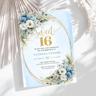 Convite Soft Dusty Blue Floral Gold Sweet Sixteen