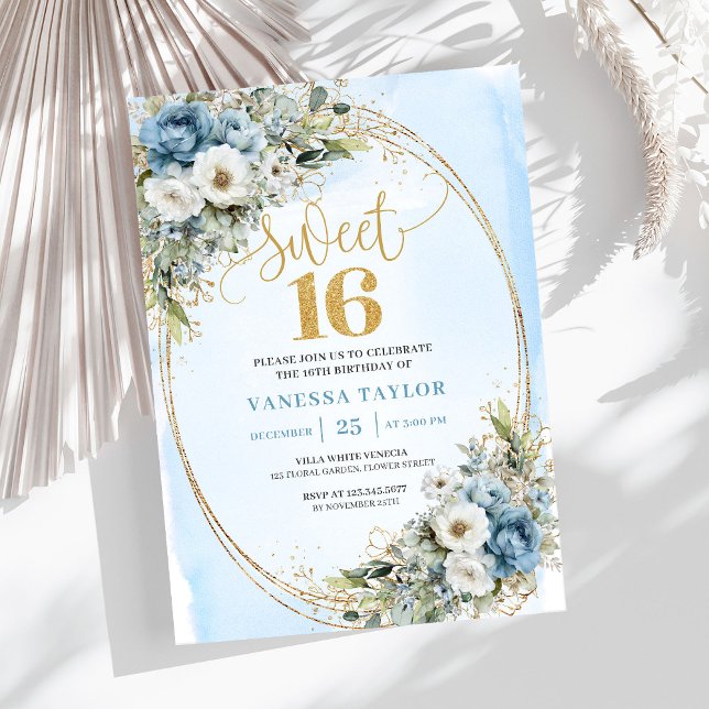 Convite Soft Dusty Blue Floral Gold Sweet Sixteen Invite (Soft Dusty Blue Floral Gold Sweet Sixteen Invitation)
