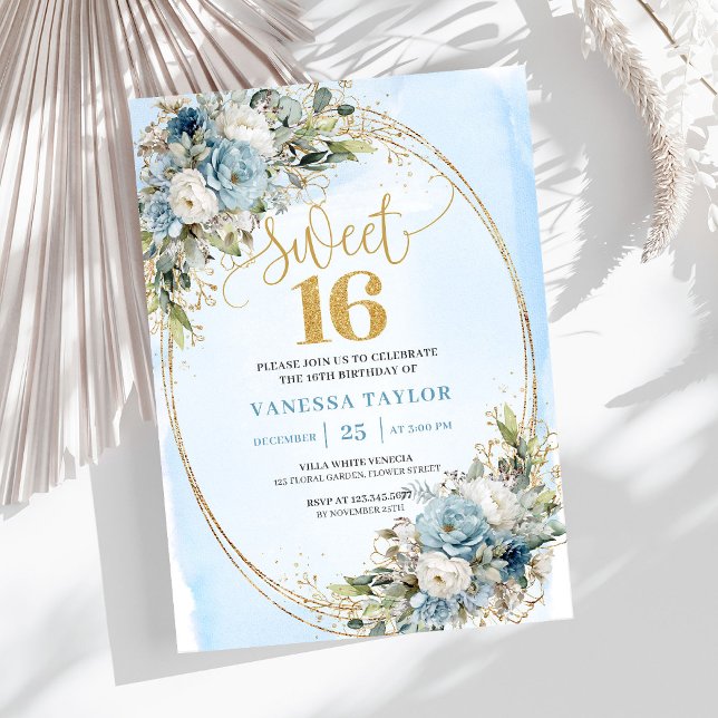 Convite Soft Dusty Blue Floral Gold Sweet Sixteen Invite (Soft Dusty Blue Floral Gold Sweet Sixteen Invitation)