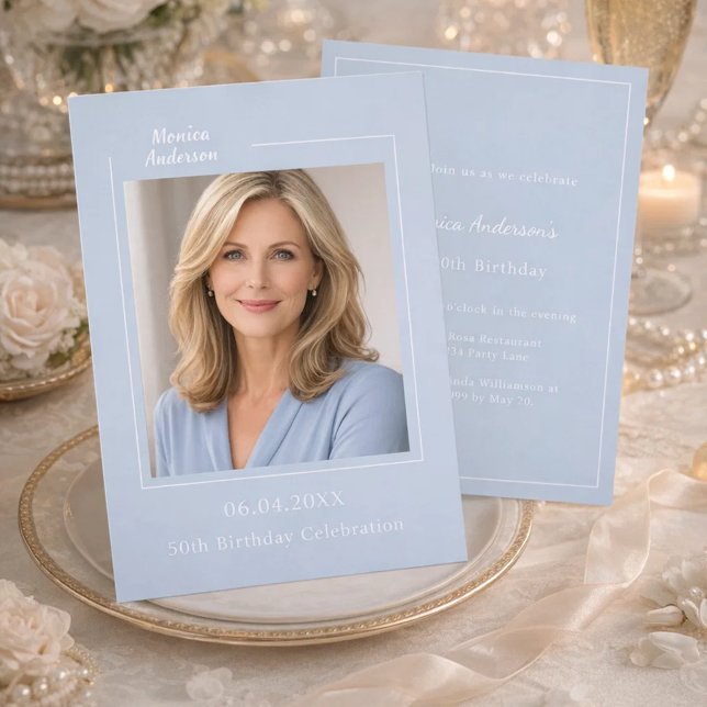Convite Soft dusty blue photo birthday (Criador carregado)