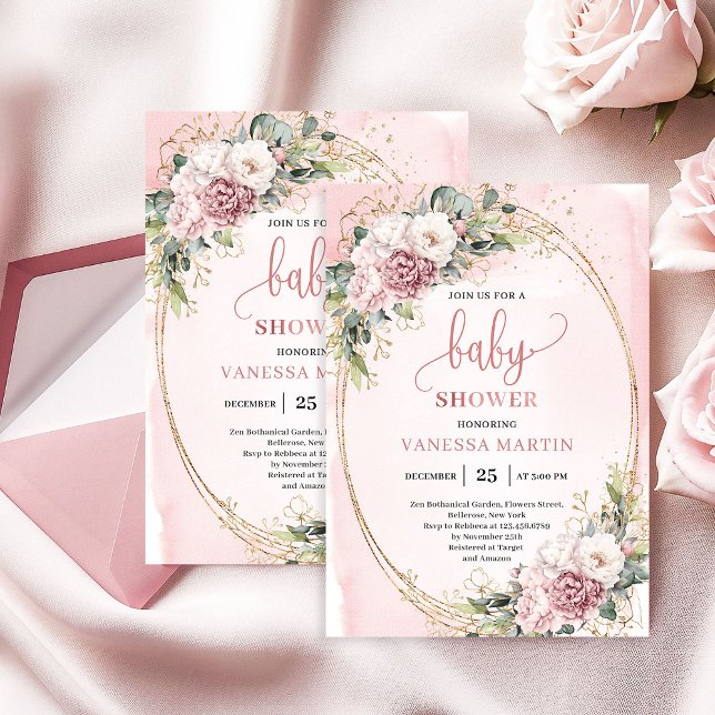 Convite Soft Dusty Pink Flowers Eucalyptus Baby Shower Gir (Soft Dusty Pink Flowers Eucalyptus Baby Shower Girl)