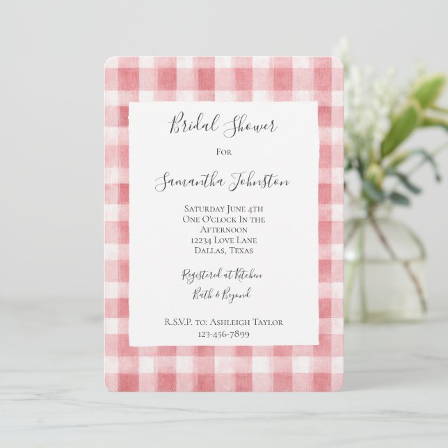 Convite Soft Girly Pink White Plaid Stripes Bridal Shower (Em pé/Frente)