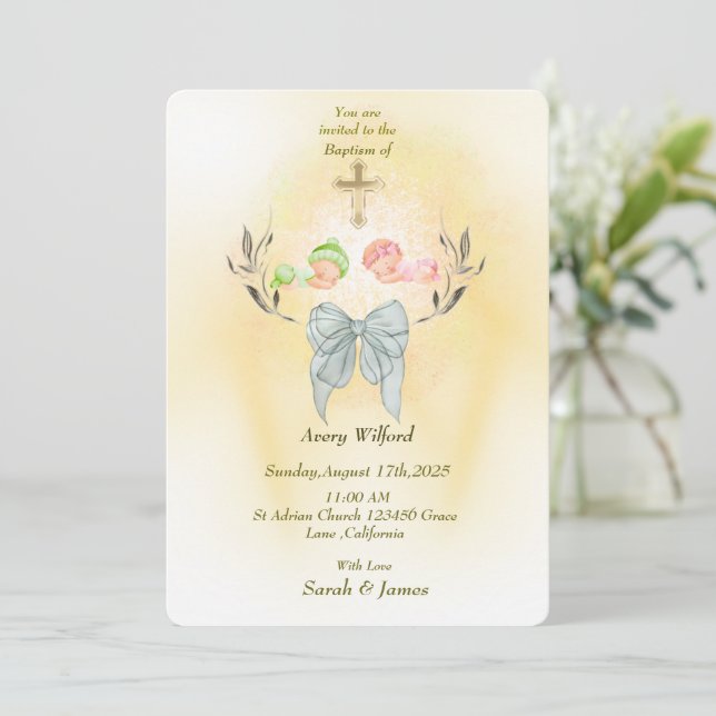 Convite  Soft gold cross Baptism invitation  (Em pé/Frente)