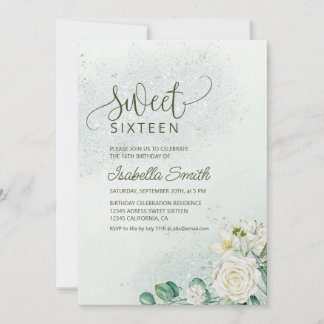 Convite Soft Green & Blush Sweet 16 Invitation White Roses