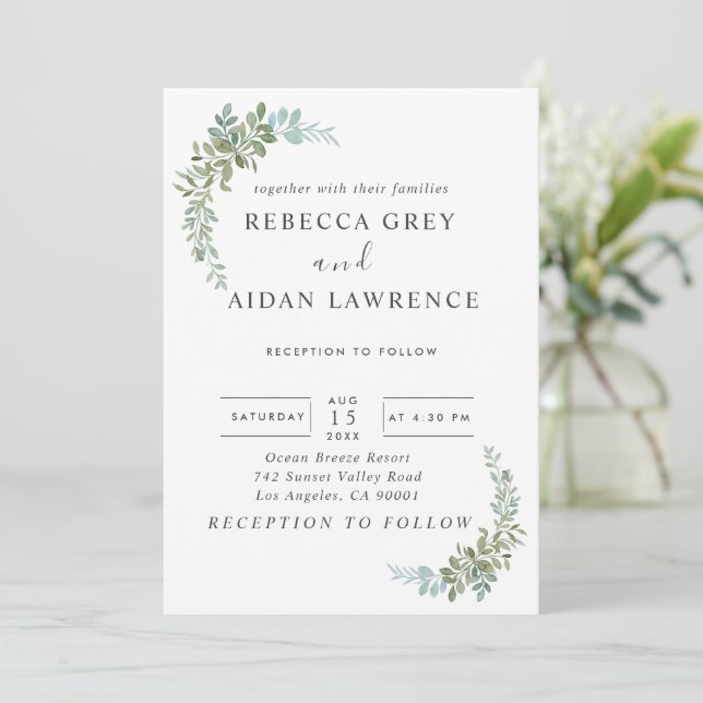 Convite Soft Green Eucalyptus Watercolor Rustic Wedding (Em pé/Frente)