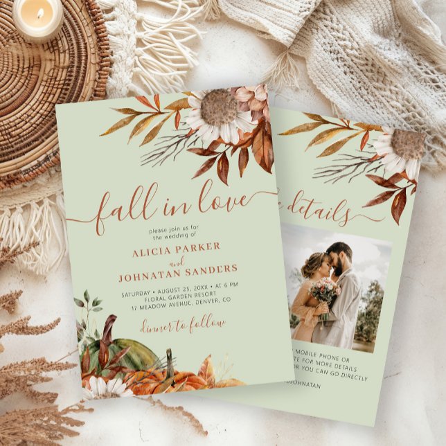 Convite Soft green rust leaves boho floral fall wedding (Criador carregado)