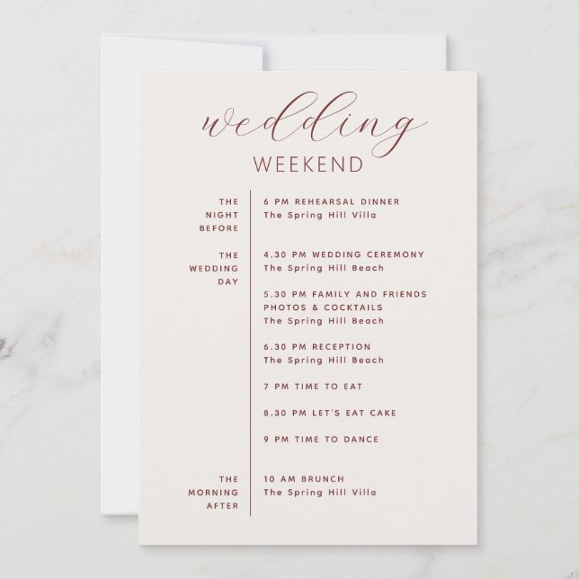 Convite Soft Ivory Script Wedding Timeline + Welcome (Verso)