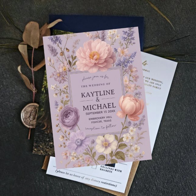 Convite Soft Lavender Floral Romantic Peony and Wildflower (Criador carregado)