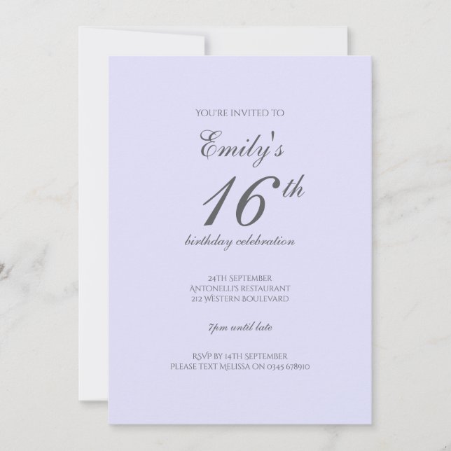 Convite Soft Lavender Minimalist 16th Birthday Invitation (Frente)
